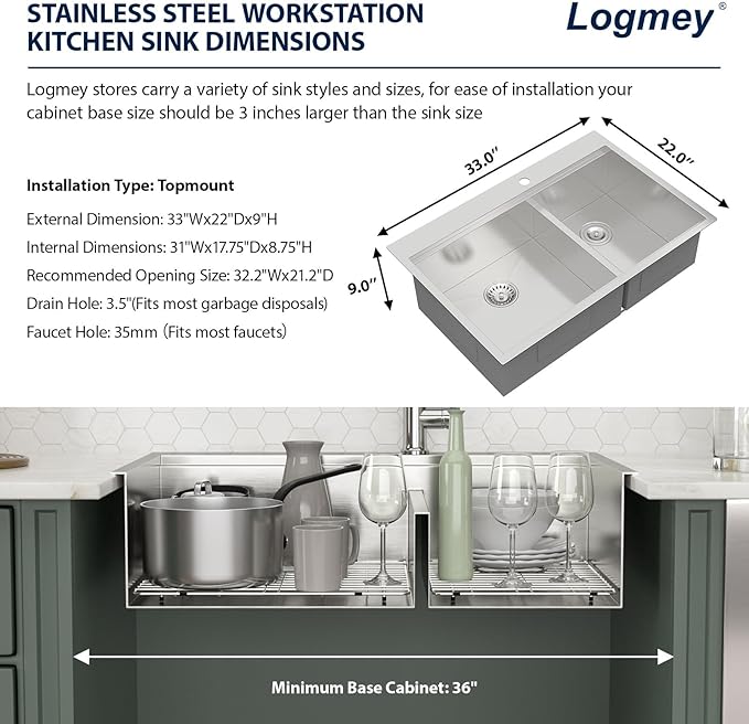Logmey 33x22 Drop In Kitchen Sink Double Bowl 60/40 Sinks - 33 inch Workstation Sink Low Divide 60/40 Double Stainless Steel Ledge Sink Topmount 9" Deep Kitchen Sink