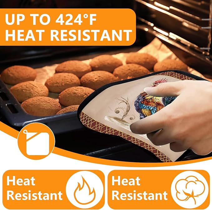 Rooster Oven Mitts and Pot Holders Sets 4Pcs,Extra Long Oven Gloves Potholder for Kitchen Cooking Baking BBQ 100% Cotton Heat Resistant