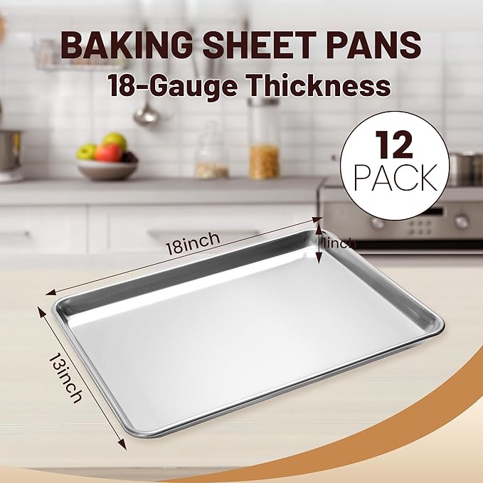 12 Pack Half Size Baking Sheet Pan Aluminum Commercial Pan for Oven Freezer Bakery Hotel Restaurant 13" × 18"