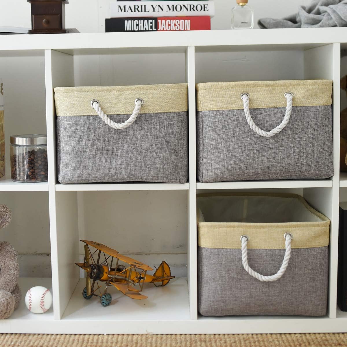 TheWarmHome Storage Bins Baskets for Organizing - Extra Jumbo 3 Pack 20.5Lx15.7Wx13.8H Sturdy Fabric Storage Basket for Shelves, Decorative Foldable Closet Nursery Toy (Gold&Grey)