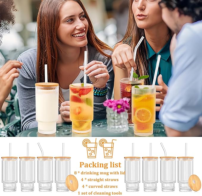 8 Pcs 11oz Ribbed Glass Cups With Bamboo Lids, Stackable, Vintage, Suitable for Coffee, Juice, Cocktails, Beer