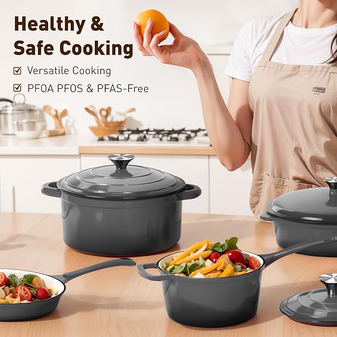 DishDelight Enameled Cast Iron Cookware Set, 7 Piece Set of Dutch Ovens, Sauce Pan, Skillet, 3 Lids, Ceramic Coated Cast Iron Dutch Oven Set, Round Dutch Oven Pot for Sourdough Bread Baking, Gray