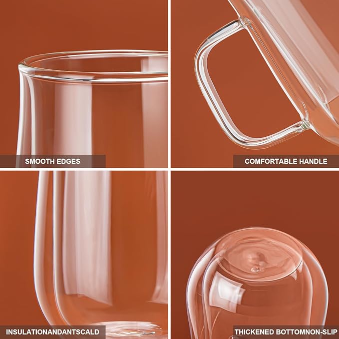 Double Walled Glass Coffee Mugs 16 OZ, Borosilicate Glass Coffee Cups Set of 2 with Spoons, Insulated Clear Coffee Mug for Hot Beverages, Cappuccino, Latte, Tea Bag.