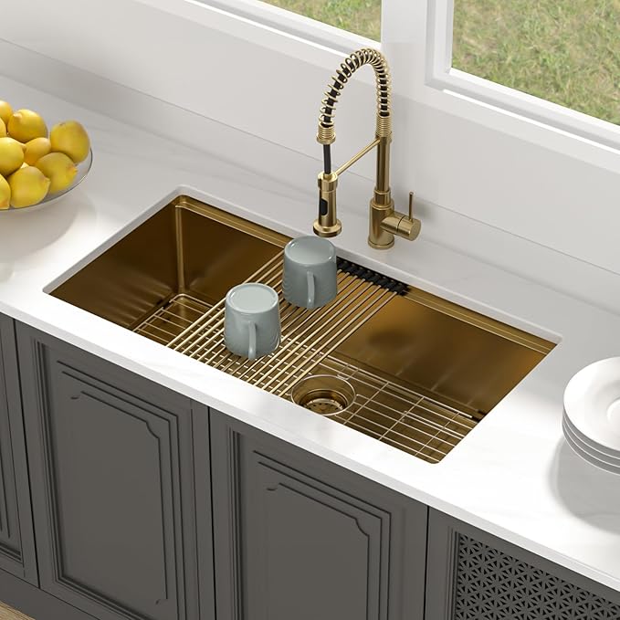 Lordear Gold Undermount Kitchen Sink 36" x 19" Stainless Steel Sinks 16 Gauge Single Bowl Ledge Workstation Handmade Under Counter Kitchen Sink Basin with Built-In Accessories