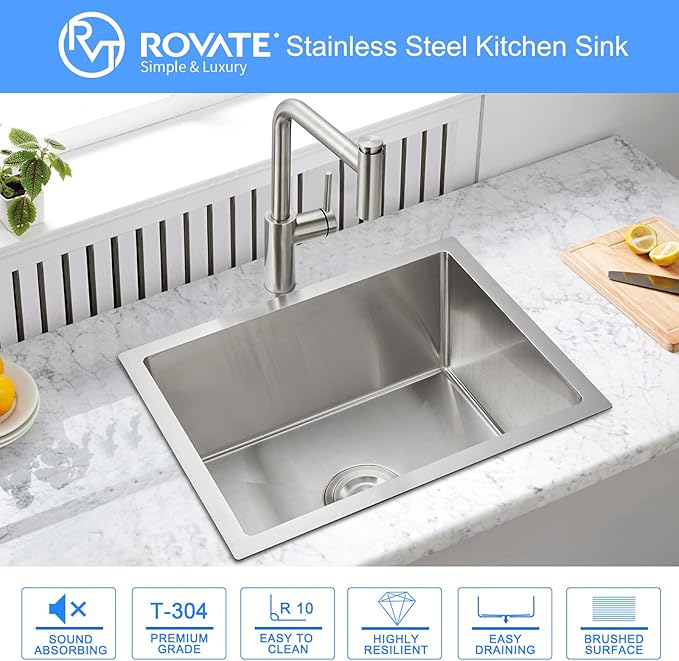ROVATE 22 x 18 inch Kitchen Sink Undermount Single Bowl, 304 Stainless Steel Bar or Prep Kitchen Sink Handmade with Strainer