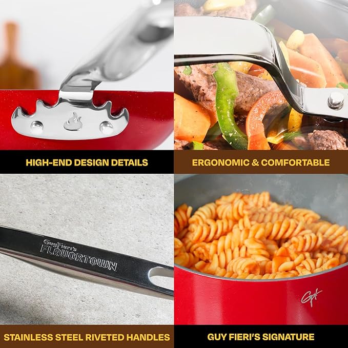 Guy Fieri's Flavortown 11-Piece Ceramic Cookware Set, Nonstick Pots and Pans for Cooking, Made without PFAS PTFE PFOA, Oven Safe, Dishwasher Safe, Easy to Clean Everyday Cookware