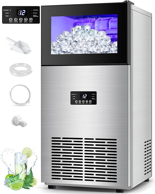 130LBS/24H Commercial Ice Maker Machine with 35LBS Capacity - Stainless Steel Undercounter/Freestanding Ice Cube Maker for Home Bar & Outdoor Use - Automatic Operation