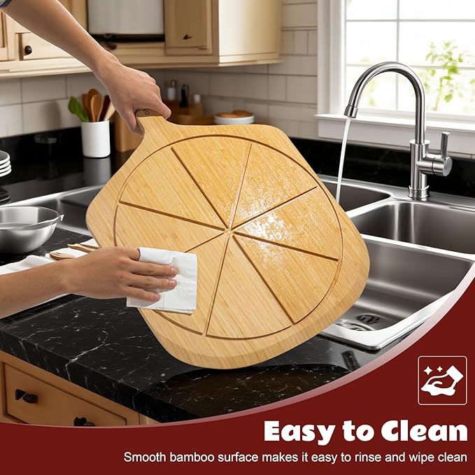 Wooden Pizza Peel 16 Inch, Large Bamboo Pizza Paddle Spatula - Serving Board, Wood Pizza Cutting Boards with 8 Slice Grooves and Handle for Kitchen Oven Pastry Pizzas