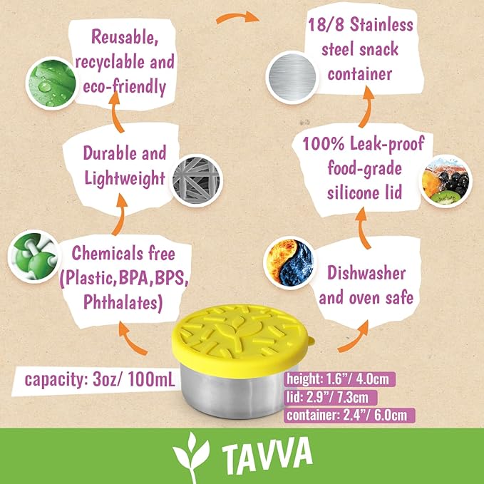 TAVVA 4 X 3 oz Stainless Steel Containers with Lids - Leakproof w/Silicone Lids - BPA Free - Dishwasher & Freezer Safe - Portable & Reusable - Small Snack Cups Dressing Containers