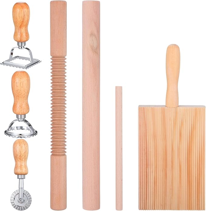 7 Pcs Gnocchi Pasta Making Tools kit Wooden Threaded Rolling Pin Ravioli Stamp Pasta Dumpling Noodle Maker Cutter Homemade Kitchen Gift for Baking Lovers Kitchen DIY