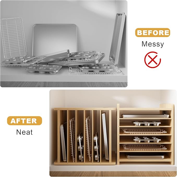 7 Tier Wooden Tray Dividers for Cabinets Cookie Sheet Organizer for Pot, Pans, Baking Tray Organizer for Kitchen Documents Storage(20" W x 16.5" H x 15.2" D)
