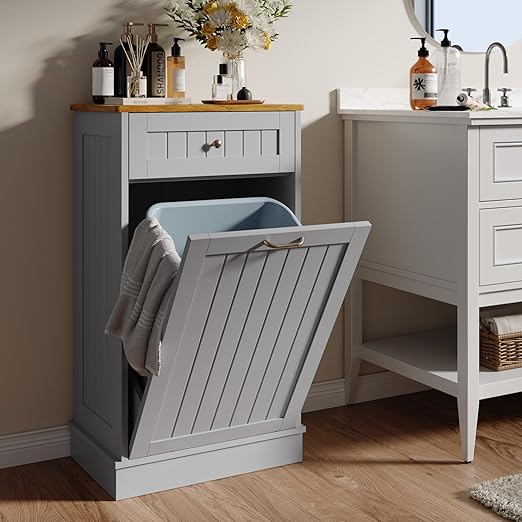 Tilt Out Trash Bin Cabinet Dog Proof Trash Can Holder Kitchen Island with Garbage Bin or Tilt Out Laundry Hamper (Gray)