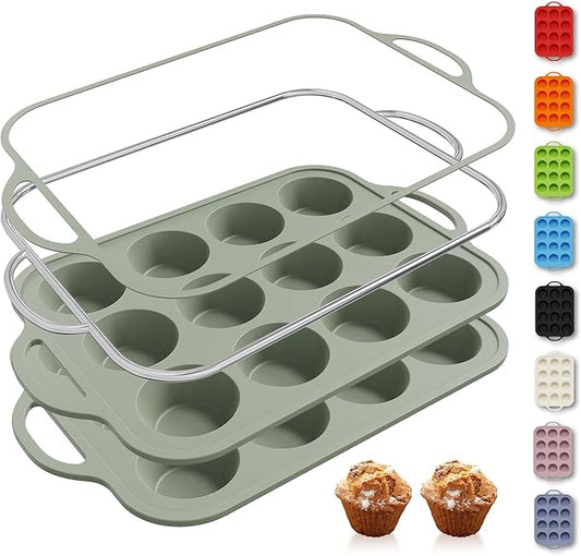 2 Packs 12 Cups Silicone Muffin Pan with Metal Reinforced Frame Regular Size Cupcake Pan Tray Egg Bites Silicone Circle Cookie Molds Muffin Tin Tart Pans Baking Sheet Set for Breakfast Sandwiches