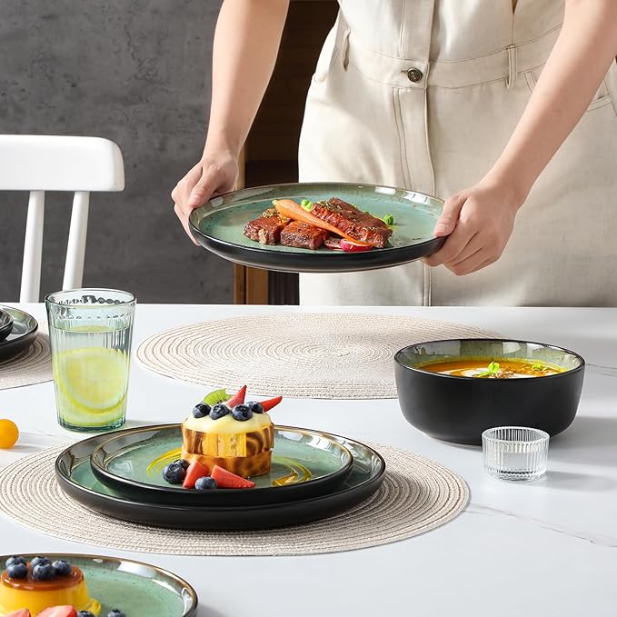 vancasso Plates and Bowls Sets, 24 Pieces Stoneware Dinnerware Sets for 8, Kitchen Dish Set Mircowave and Dishwasher Safe Dinner Set Ceramic Dishware, Turf Green, Series AMBER