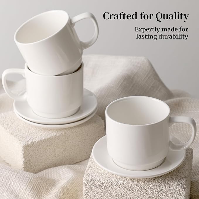 DOWAN 12oz Coffee Mugs, Cappuccino Cup and Saucer Set of 4, White Ceramic Coffee Cups for Latte/Tea/Milk, Tea Cups for Use in Office, Home and Cafes, Microwave Safe