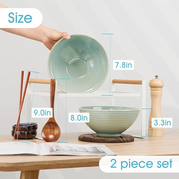 NUTRIUPS Set of 2 Ceramic Ramen Bowls with Spoons & Chopsticks, 40oz Large Soup Bowls for Udon, Miso, Noodles (Mossy Glaze)