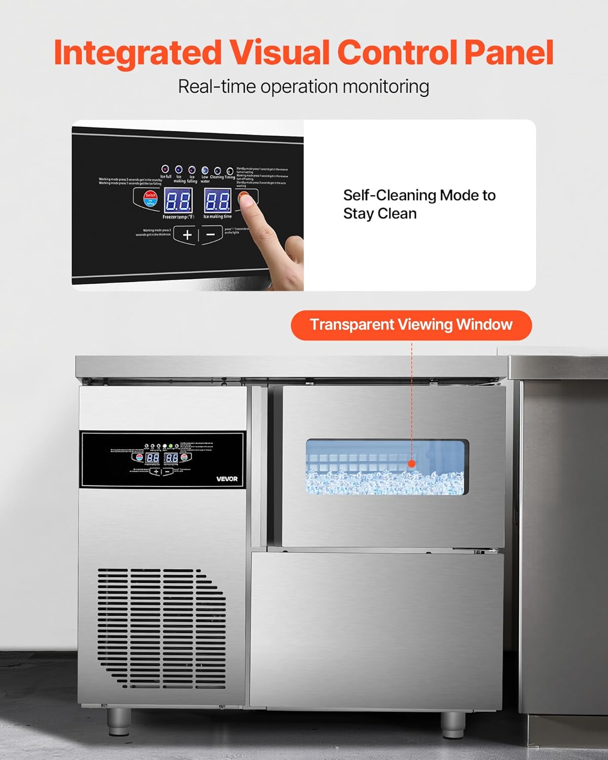 VEVOR Commercial Ice Maker Machine, 132 lbs/24H Stainless Steel Ice Machine with Worktop, 30 lbs Ice Storage Bin & Touch Screen, Self-Cleaning Freestanding Ice Making for Home Bar Restaurant Kitchen
