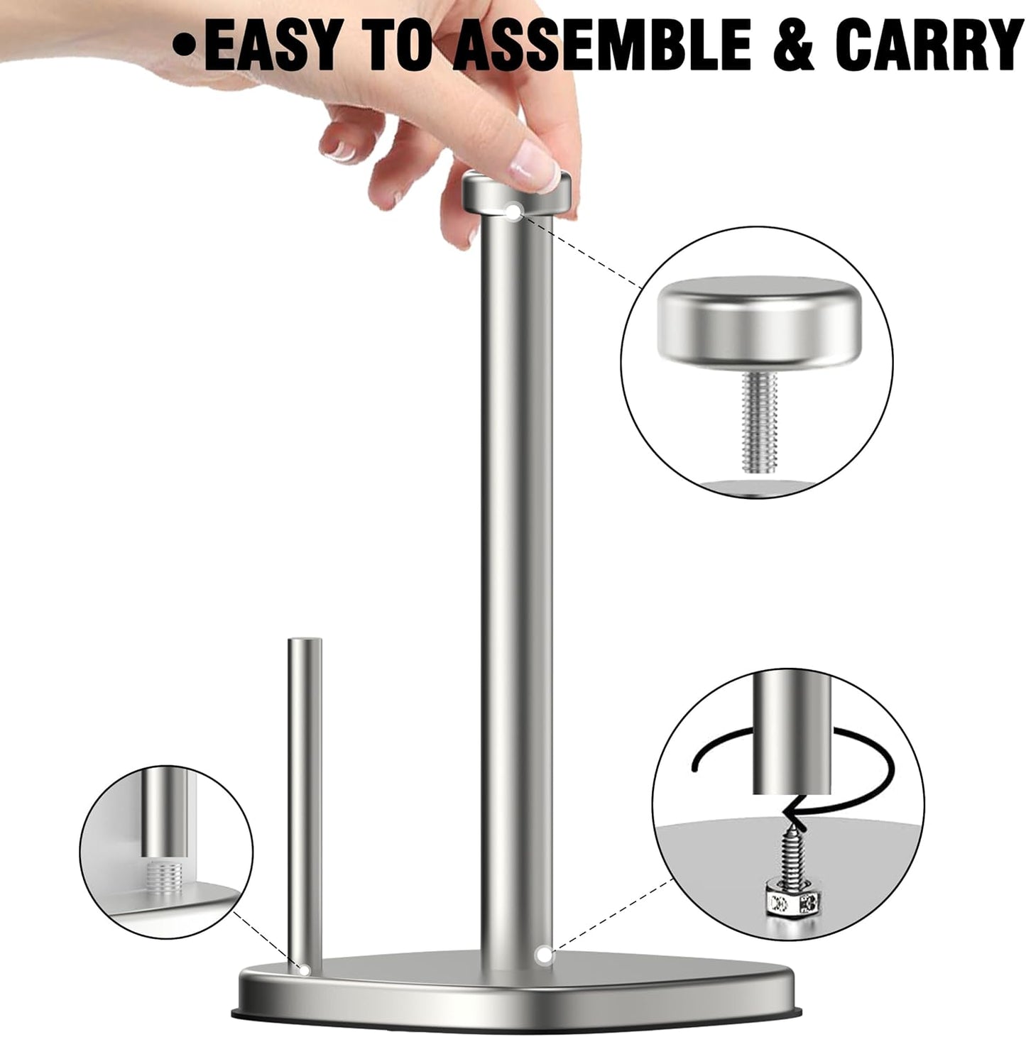 Paper Towel Holder Countertop, Standing Paper Towel Roll Holder for Kitchen Bathroom Organize, Stand with Weighted Base Suction Cups, Stainless Steel One-Handed Operation