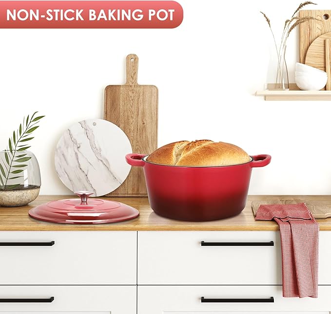 LIFERUN 6 Qt Enameled Cast Iron Dutch Oven Pot with Lid，Oven Safe up to 500° F, Heavy-Duty Non-Stick Dutch Oven with Dual Handles for Bread Baking, Fry Foods, Braising, Stews, Roasting (Red)