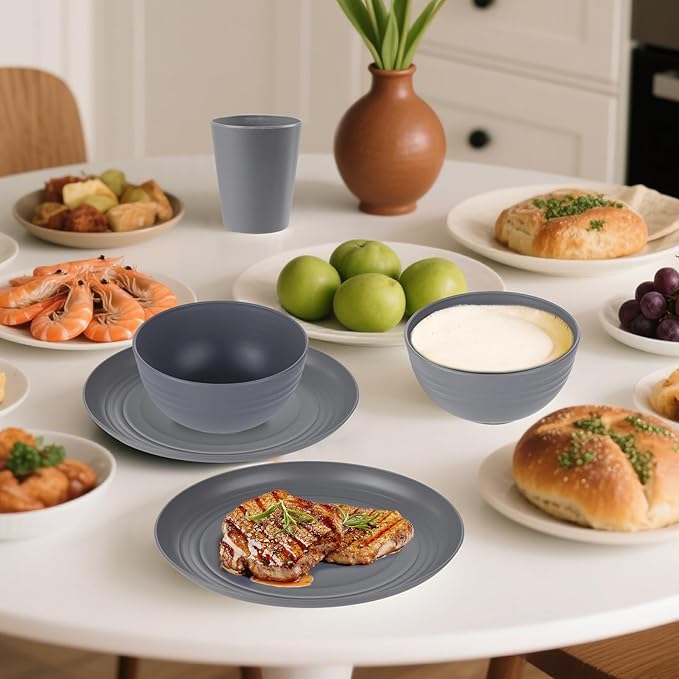 Supernal Wheat Straw Dinnerware Sets,Unbreakable Dinner Plates for 6,Microwave Dishwasher Safe,Reusable Dinnerware,Dark Gray Set 12pcs Plates, 6pcs Bowls, 6pcs Cups
