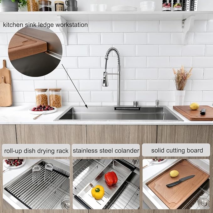 33 Inch Drop In Waterfall Kitchen Sink, 33x22 Drop in Kitchen Sink Waterfall Single Bowl Workstation 16 Gauge Stainless Steel Topmount Large Sinks with Faucet Combo