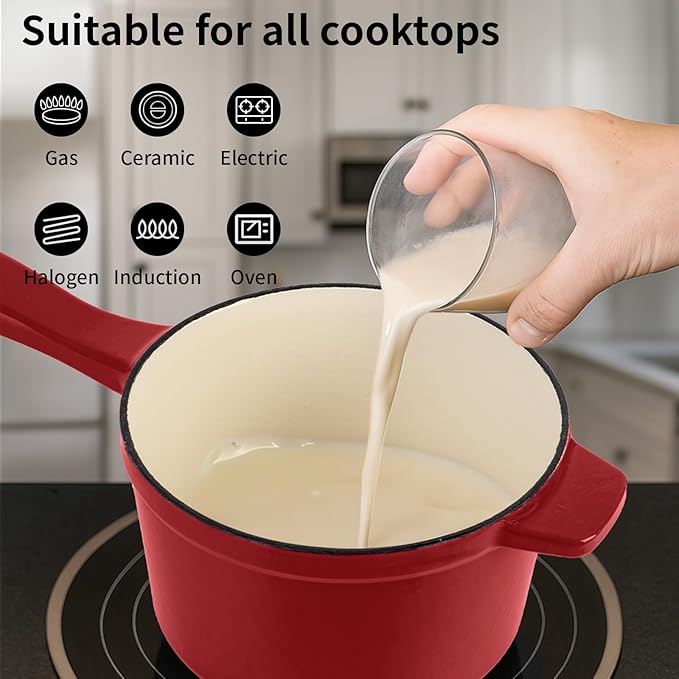 Enameled Cast Iron Sauce Pan with Lid, 1.7 Quart Saucepan with Lid, Small Dutch Oven Pot, Suitable for Small Portions of Soup, Sauces, Oatmeal, Red