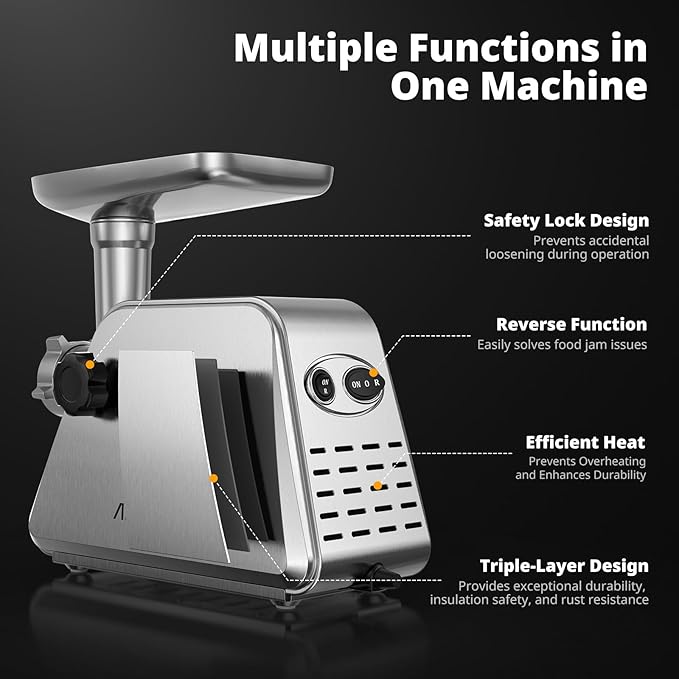 AIRMSEN Electric Meat Grinder & Tomato Sauce Press Maker with Strainer - Heavy Duty Food Mill Machine for Grinding Meat, Making Tomato Sauce, Sausage, Kibbeh for Home Kitchen Use