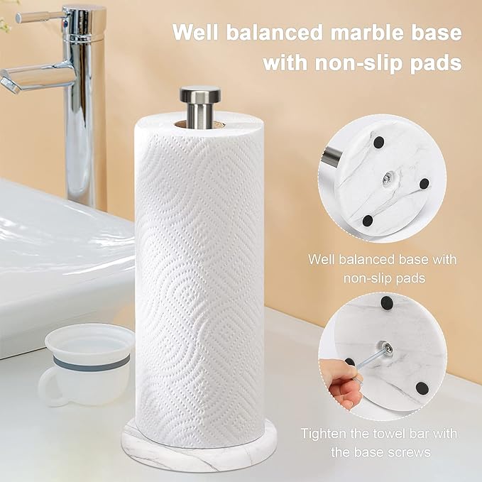NearMoon Standing Paper Towel Holder, Kitchen Paper Towel Tissue Holder- for Bathroom Kitchen Countertop, Standard or Jumbo-Sized Roll Paper (with Marble Base, Brushed Nickel)