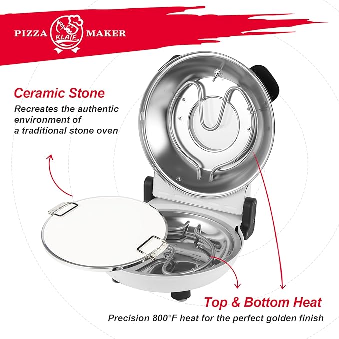 KLAIF 12" Electric Countertop Pizza Oven With Ceramic Stone, Dual Adjustable Temperature Controls, Includes 4 Pizza Tools (White)