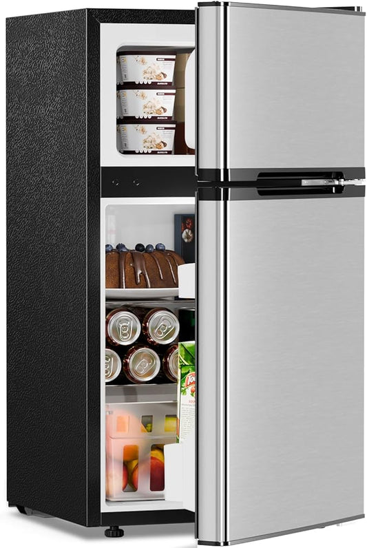 Antarctic Star 3.2 Cu.Ft,Mini Refrigerator with Freezer,Double Door Mini Fridge,Compact Refrigerator,Adjustable Thermostat,Mini Refrigerator for Bedroom/Office/Dorm/Kitchen(Silver)