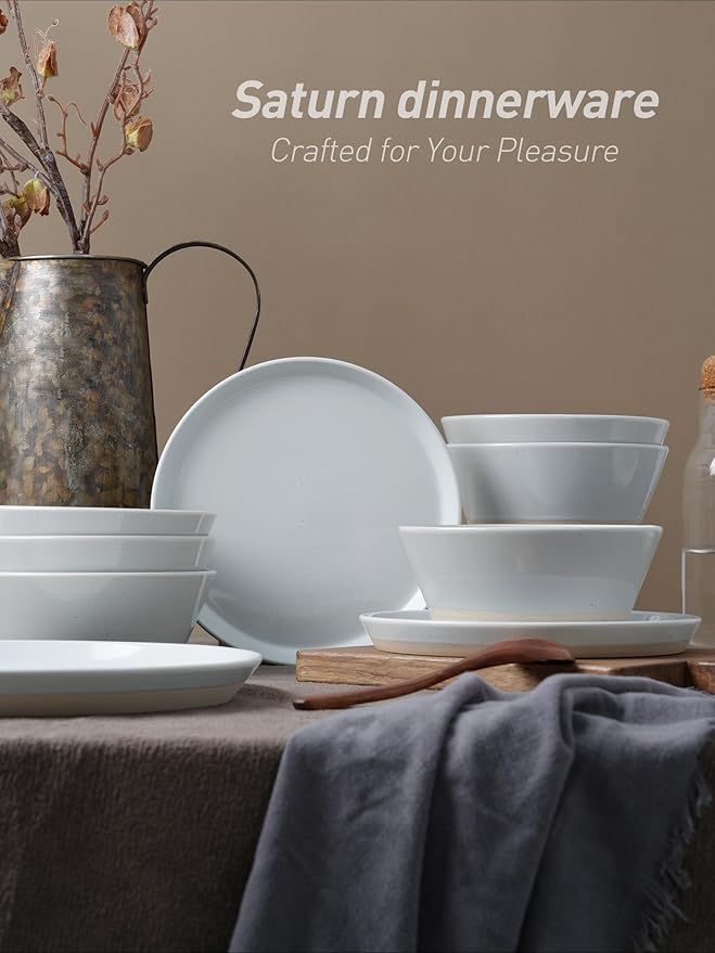 Famiware Saturn Speckled Dinnerware Sets for 6 (18 Pieces), Stoneware Plates and Bowls Dish Set - Chip and Scratch Resistant, Microwave and Dishwasher Safe, Light Gray