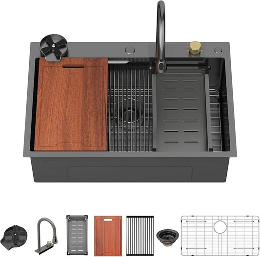 Lordear Waterfall Kitchen Sink 33 Drop In Kitchen Sink With Faucet Combo 33"x22" Workstation Gunmetal Black 16 Gauge Single Bowl Topmount Handmade Sinks with Pull Out Faucet, Glass Rinser