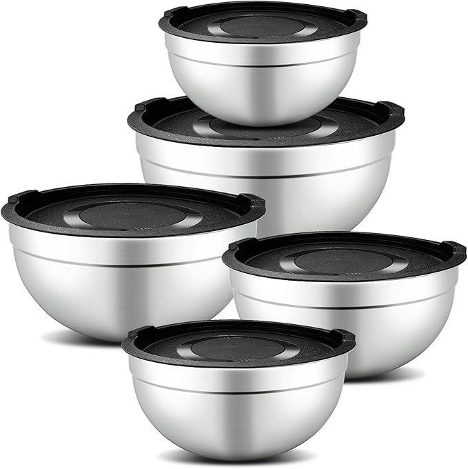 5 Piece Mixing Bowl Set, Mixing Bowls with Lid, Stainless Steel Mixing Bowls for Baking, Size 1.5, 2.1, 3.5, 4, 4.5QT, Baking Bowl for Food Preparation, Mixing and Serving Foods