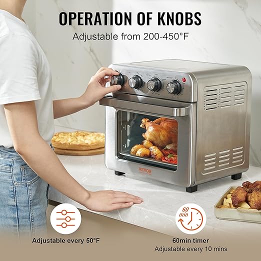 VEVOR 7-IN-1 Air Fryer Toaster Oven, 18L Convection Oven, 1800W Stainless Steel Toaster Ovens Countertop Combo with Grill, Pizza Pan, Gloves, 6 Slices Toast, 10-inch Pizza, Home Use