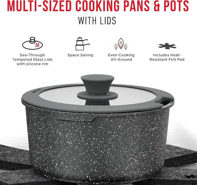 Pots & Pans Set Non Stick Ceramic-Granite – 14-Piece Cookware with Detachable Handles, Stackable Space-Saving, Dishwasher Safe, Oven & All-Stove Safe, Tempered Glass Lids, Black Granite