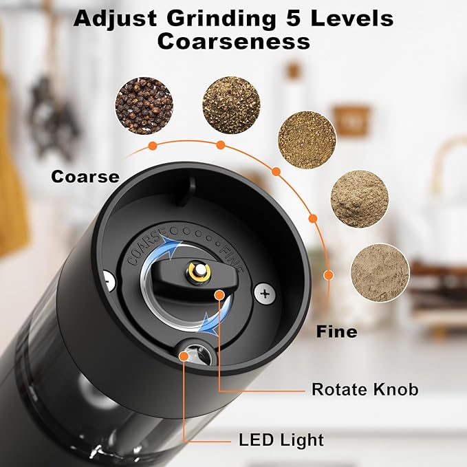 Electric Pepper or Salt Grinder, COKUNST USB Rechargeable Automatic Pepper Grinder with Visual Silo & LED Light, Black Pepper Grinder Mill Refillable Washable, One Hand Operated, Fits in Home Kitchen