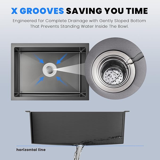 POPFLY 23-Inch Undermounter Small Kitchen Bar Prep Sink, 18 Gauge 304 Stainless Steel Handmade Single Bowl Outdoor Sink 9 Inch Deep with Drain Strainer, Black（23×18×9）