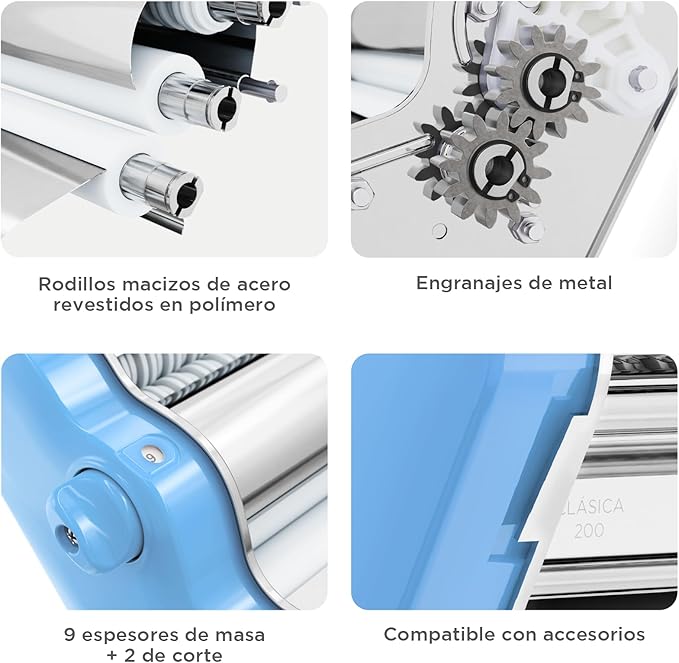 PASTALINDA Classic 200 Pasta Maker Machine, 20 cm Wide Rollers, 9 Thickness Positions, 2 Cutting Positions, Stainless Steel. Includes Reinforced Hand Crank And Two Clamps