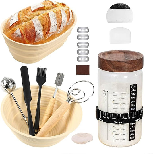 Sourdough Bread Baking Supplies and Starter Kit (2 Silicone Banneton Bread Proofing Baskets and a jar)