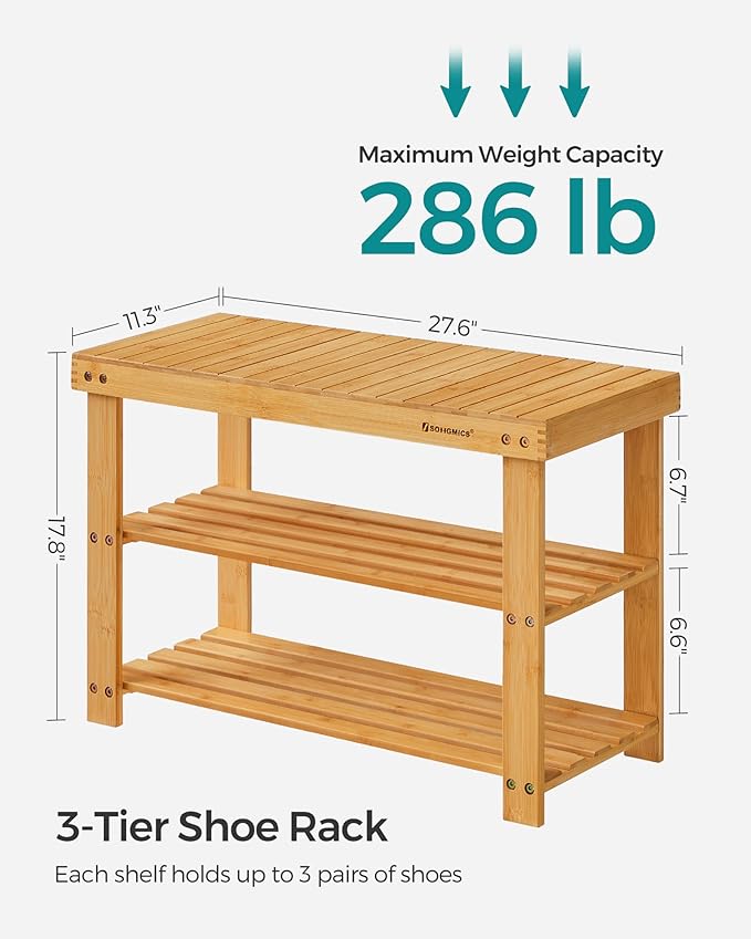 SONGMICS Shoe Rack Bench, 3-Tier Bamboo Shoe Storage Organizer, Entryway Bench, Holds Up to 286 lb, 11.3 x 27.6 x 17.8 Inches, for Entryway Bathroom Bedroom, Natural ULBS04N