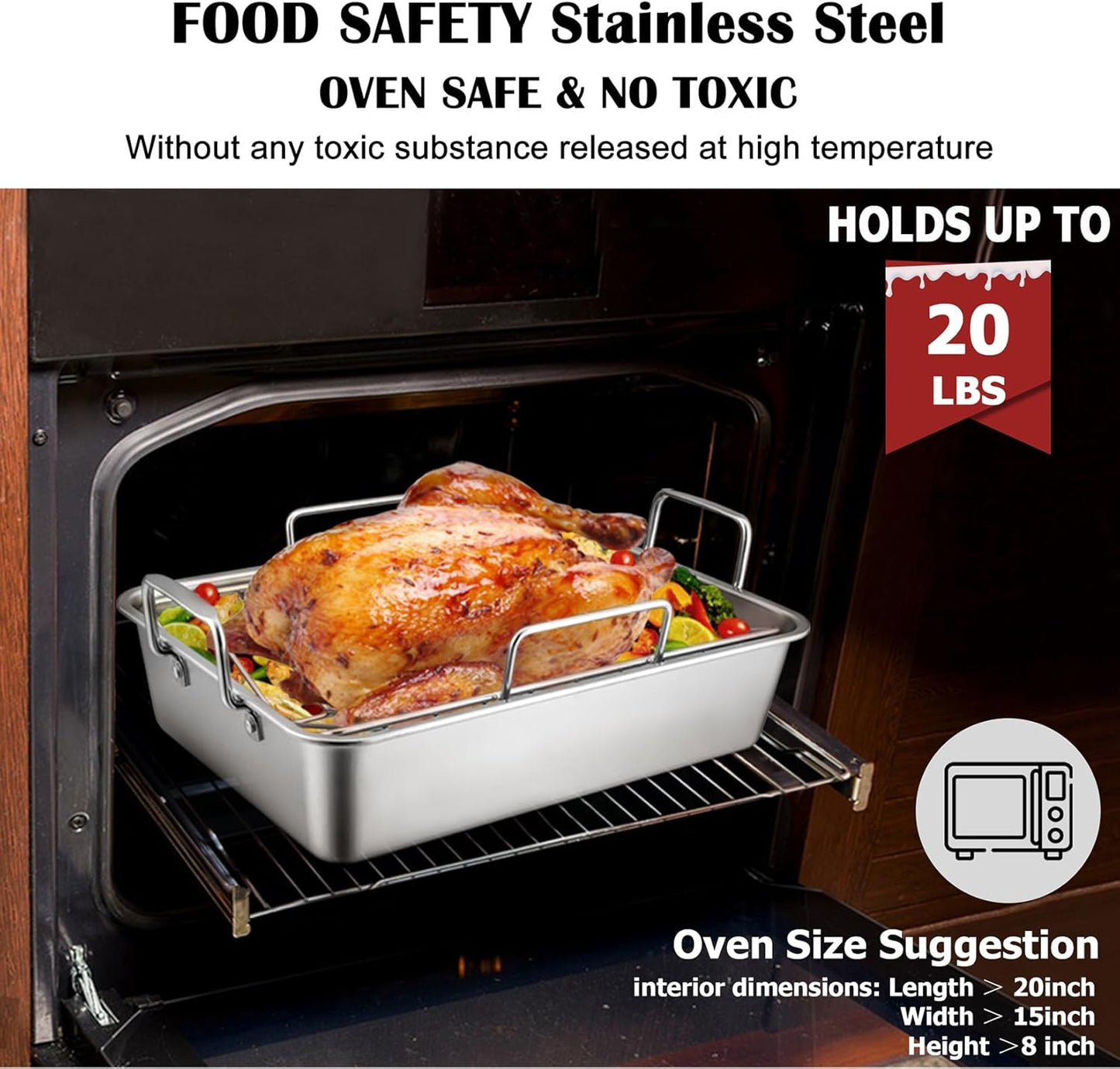 Roasting Pan with Rack for Turkey Chicken, Joyfair Stainless Steel Roaster Pan and V-rack for Toaster Oven, Rectangular Bakeware with Sturdy Handles, Heavy Duty & Dishwasher Safe (Large)