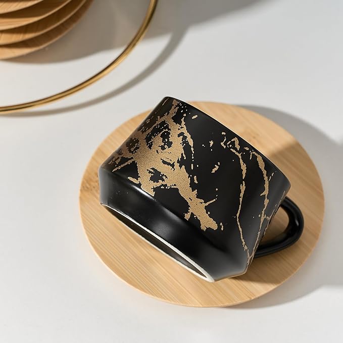 LUKA Ceramic Espresso Cups with Saucers and Metal Stand, Small 4 oz Porcelain Demitasse Cups Set of 6, Cute Cappuccino Coffee Cups for Double Espresso, Tea, Marbling Black