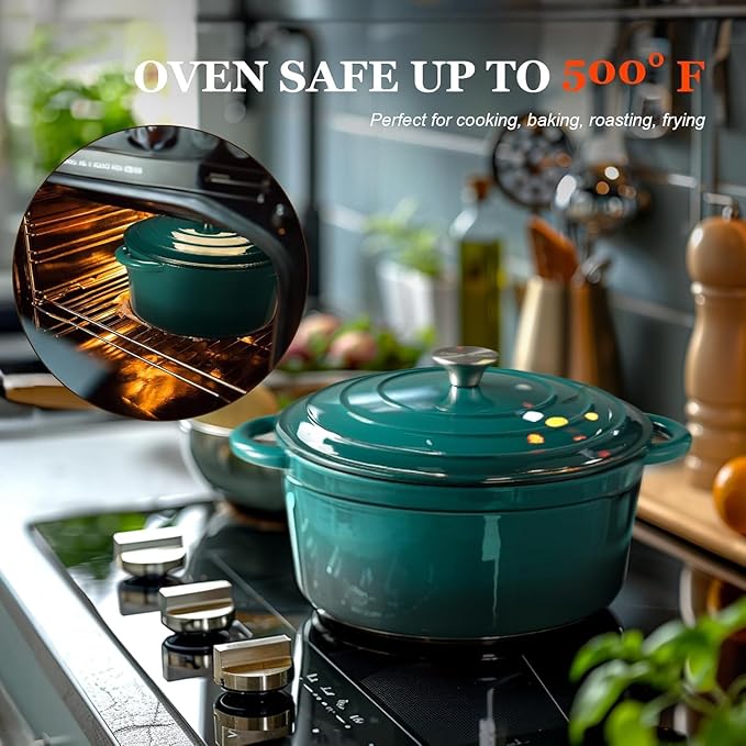 Overmont Enameled Cast Iron Dutch Oven - 5.5QT Pot with Lid Cookbook & Cotton Potholders - Heavy-Duty Cookware for Braising, Stews, Roasting, Bread Baking bottle green