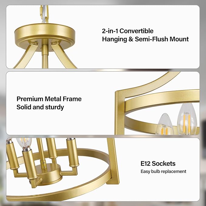 4-Light Chandelier, Gold Semi Flush Mount Ceiling Light Fixture Convertible Hanging Kitchen Pendant Lighting Over Island, Farmhouse Small Lantern Chandeliers for Dining Room Foyer Entryway