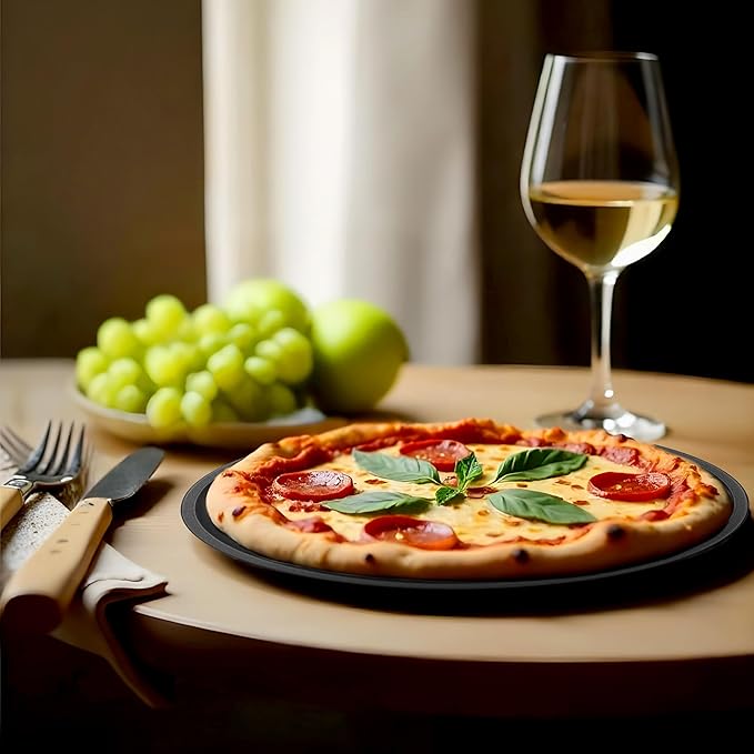 DecorRack 13 Inch Carbon Steel Pizza Pan, [Premium] Non-Stick Coating, Commercial Grade, Serving Tray, Heavy Duty Round Baking Tray for Oven Use (2 Pack)