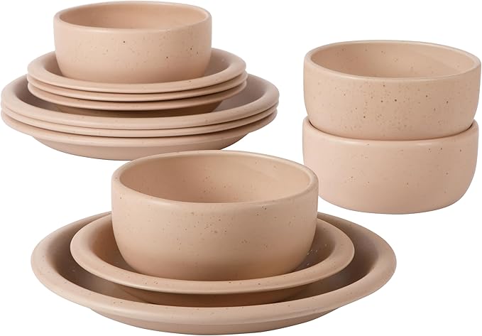 Bloomhouse - Two Time Oprah's Favorite Things Winner - Corsica Clay 12 Piece Stoneware Rustic Reactive Glaze Dinnerware Set - Stackable Plates and Bowls Set. Service for 4 - Matte Prosecco Blush Pink