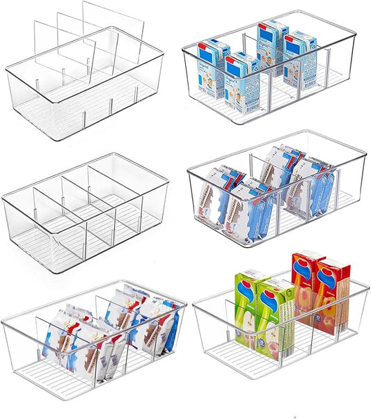 6 Pack Pantry Organizers and Storage,4 compartment Snack Containers for Kitchen,Fridge,Refrigerator Organization and Storage,Clear Plastic Bins for Spice,Tea bag,Seasoning organizer