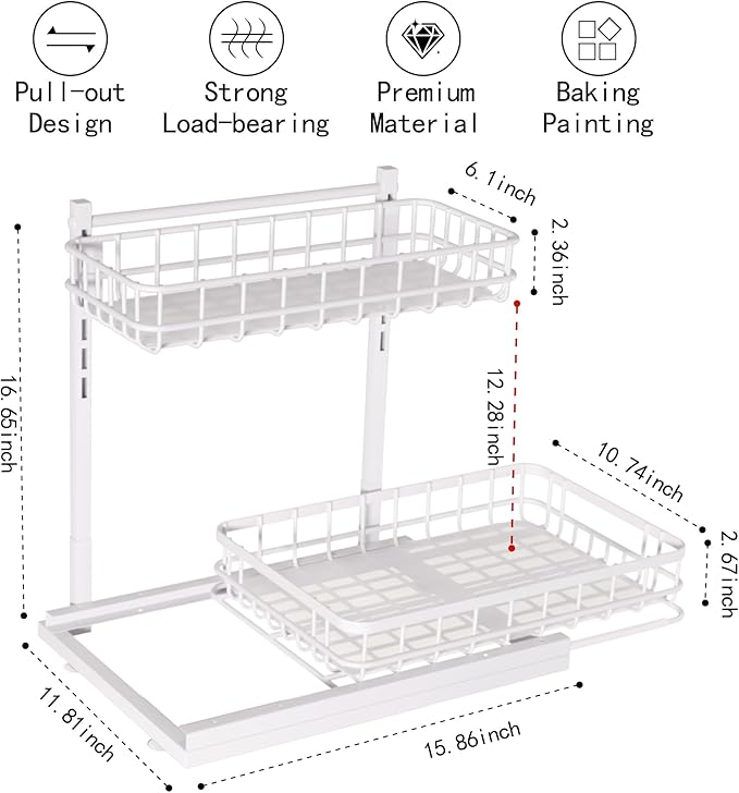 Under Sink Organizer, Adjustable Height Pull-Out Kitchen Storage Organization,15.8" x 11.8" x 16.5",2-Tier Kitchen Shelf,Bathroom Drawer Organizer, White