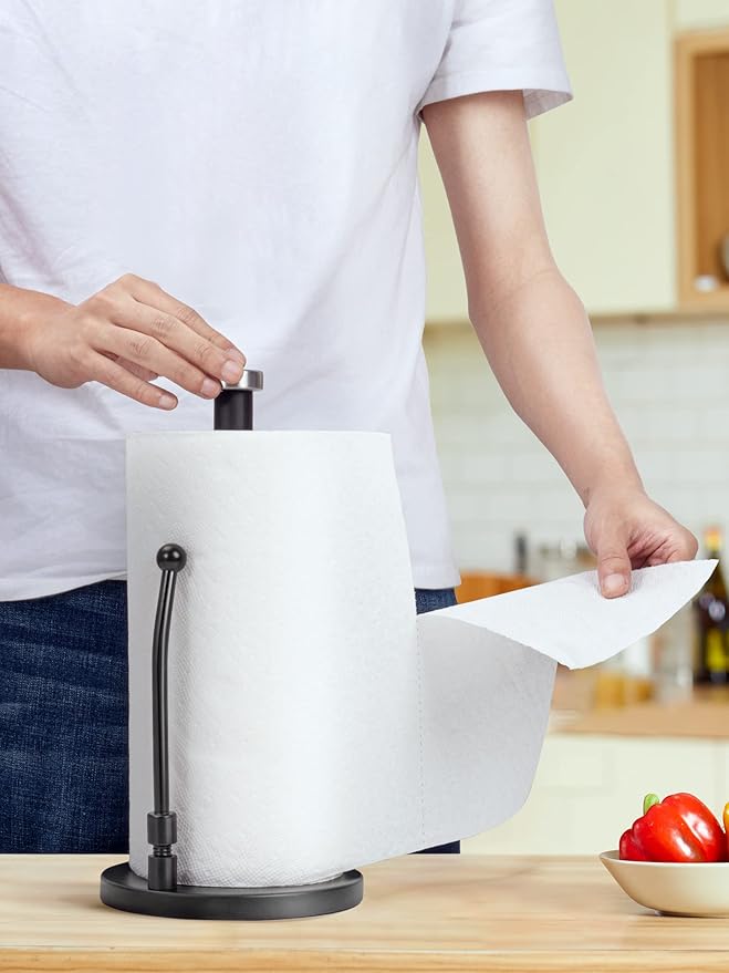 SMARTAKE Paper Towel Holder, Paper Towel Dispenser Standing Weighted Base Non Slip, Spring Arm Fit Most Size Paper Roll, Stainless Steel Paper Towel Holder for Home Kitchen Countertop Tabletop, Black