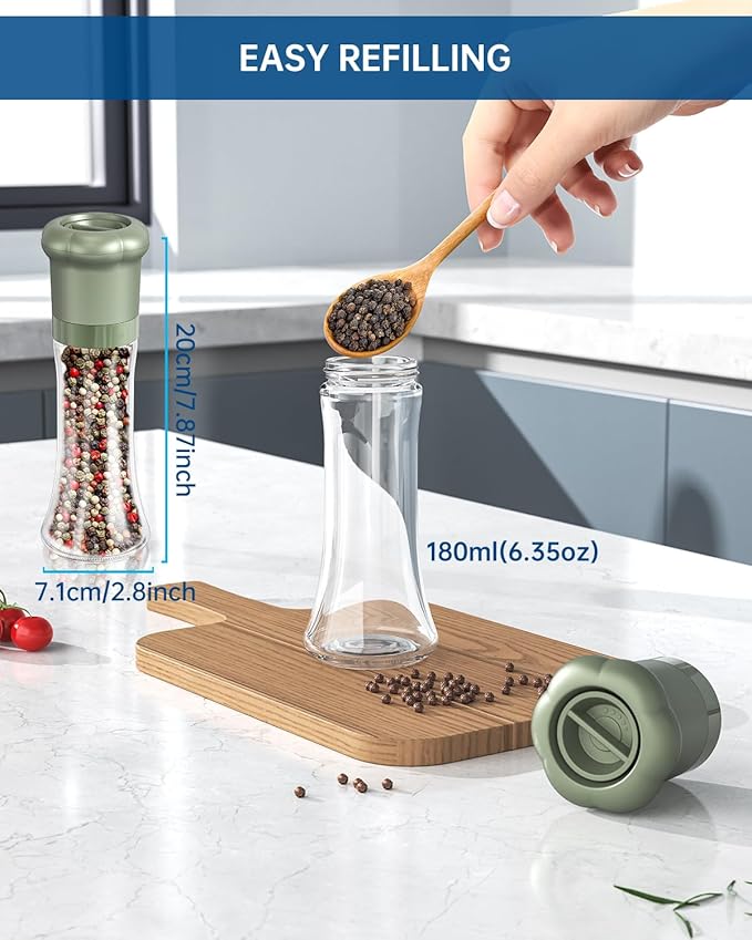 CIRCLE JOY Manual Salt and Pepper Grinder Set For Professional Chef, Refillable Salt and Pepper Shakers with Ceramic Blades, Adjustable Coarseness and BPA-free 180ml Glass Container, Tall Green